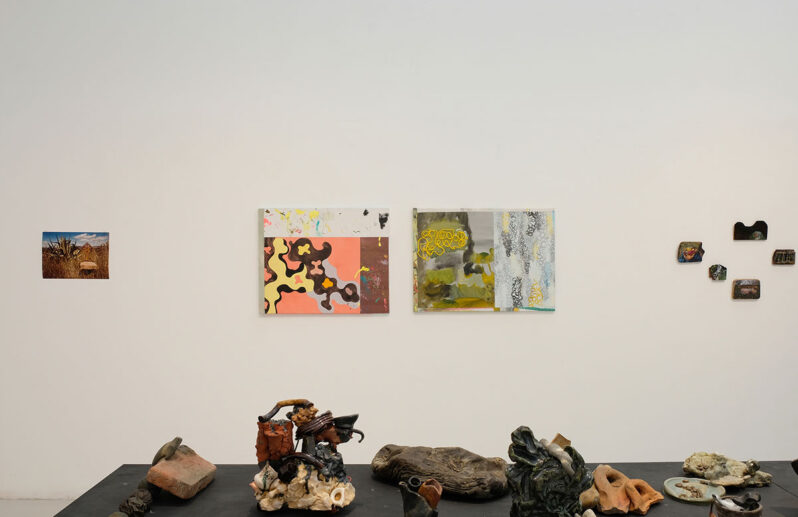 Ground Work – artworks from left to right on wall Joost Gerritsen, Matthew Swift, Madi Acharya Baskerville. Work on table Mark Sowden